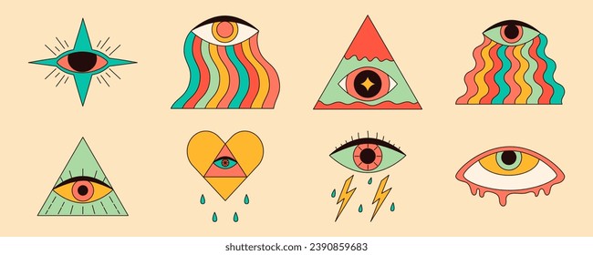 Abstract groovy eyes in 70s retro style. Cartoon hippy stickers. Vector illustration