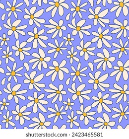 Abstract groovy floral hippie seamless patterns. Colorful outline distorted daisy flowers lilac background in trendy retro style. Vector illustration