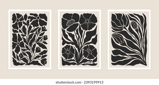 Abstract groovy floral poster set. Contemporary flower leaves design, botanical elements for print cut out style. Vector art