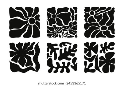 Abstract groovy floral poster set in vintage style. Y2K.  Hand drawn  hippie floral clipart elements. Flower market poster concept. Retro 70s, 80s, 90s design. Acid abstract contemporary elements