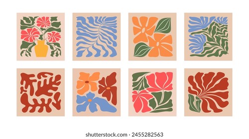 Abstract groovy floral poster set in vintage style. Y2K.  Hand drawn  hippie floral clipart elements. Flower market poster concept. Retro 70s, 80s, 90s design. Acid abstract contemporary elements