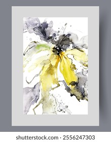 Abstract groovy floral posters with bright yellow flower emitting strong natural aroma and spreading pollen. Creative watercolor work with floral composition to create inspiring design. Artwork, print