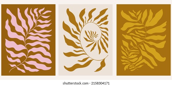 Abstract groovy floral posters. Modern trendy Matisse minimal style. Hand drawn design for wallpaper, wall decor, print, postcard, cover, template, banner.