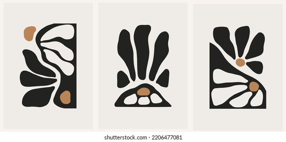 Abstract groovy floral posters. Modern trendy Matisse minimal style. Hand drawn design for wallpaper, wall decor, print, postcard, cover, template, banner.