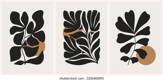 Abstract groovy floral posters. Modern trendy Matisse minimal style. Hand drawn design for wallpaper, wall decor, print, postcard, cover, template, banner.