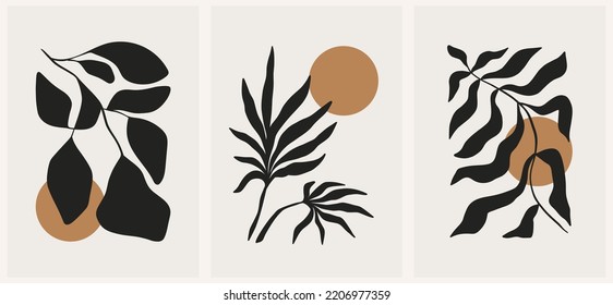 Abstract groovy floral posters. Modern trendy Matisse minimal style. Hand drawn design for wallpaper, wall decor, print, postcard, cover, template, banner.