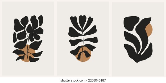 Abstract groovy floral posters. Modern trendy Matisse minimal style. Hand drawn design for wallpaper, wall decor, print, postcard, cover, template, banner.