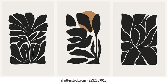 Abstract groovy floral posters. Modern trendy Matisse minimal style. Hand drawn design for wallpaper, wall decor, print, postcard, cover, template, banner.