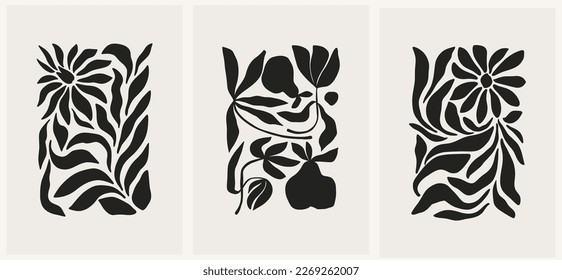 Abstract groovy floral posters. Modern trendy Matisse minimal style. Hand drawn design for wallpaper, wall decor, print, postcard, cover, template, banner.