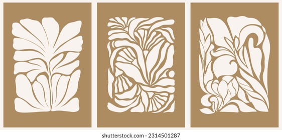 Abstract groovy floral posters. Modern trendy Matisse minimal style. Hand drawn design for wallpaper, wall decor, print, postcard, cover, template, banner.