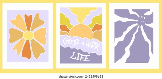 Abstract groovy floral posters. Modern trendy minimal style. Hand drawn design for wallpaper, wall decor, print, postcard, cover, template, banner. Typography, choose a happy life vector illustration