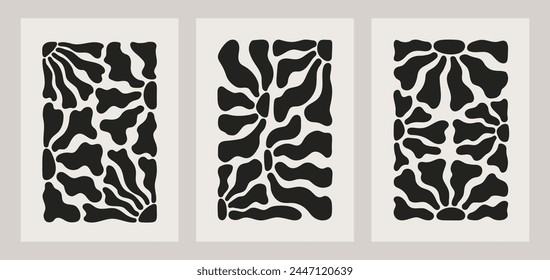 Abstract groovy floral posters. Modern trendy Matisse minimal style. Contemporary botanical prints. Hand drawn design for wallpaper, wall decor, print, postcard, cover, template, banner.