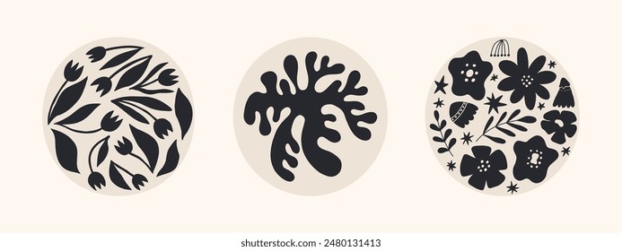 Abstract groovy floral posters. Modern trendy Matisse minimal style. Hand drawn round shape design for wallpaper, wall decor, print, postcard, cover, template, banner. Black and beige colors