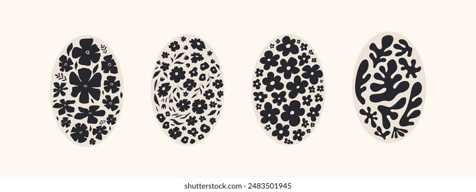 Abstract groovy floral posters. Modern trendy Matisse minimal style. Hand drawn oval shape design for wallpaper, wall decor, print, postcard, cover, template, banner. Black and beige colors