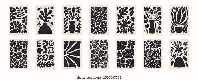 Abstractas carteles florales. Moderno estilo minimalista Matisse de moda. Colores negro y beige. Diseño dibujado a mano para Fondo de pantalla, decoración de la pared, impresión, postal, cubiertas, Plantillas, Anuncios.