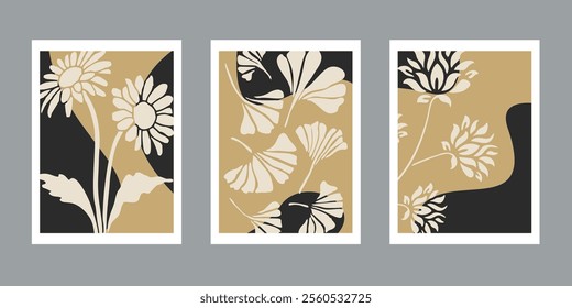 Abstract groovy floral posters. Modern trendy Matisse minimal style. Hand drawn design for wallpaper, wall decor, print, postcard, cover, template, banner.