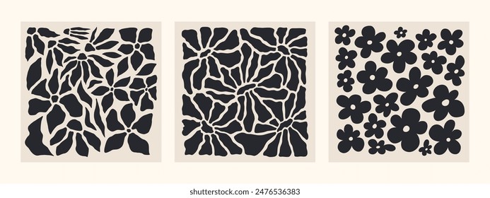 Abstractas afiches cuadrados florales. Moderno estilo minimalista Matisse de moda. Diseño retro dibujado a mano para el Fondo de pantalla, decoración de la pared, impresión, postales, cubiertas, Plantillas, Anuncios. Colores negro y beige