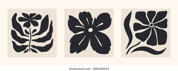 Abstract groovy floral square posters. Modern trendy Matisse minimal style. Hand drawn retro design for wallpaper, wall decor, print, postcards, covers, templates, banners. Black and beige colors