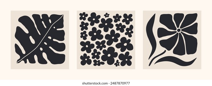 Abstract groovy floral square posters. Modern trendy Matisse minimal style. Hand drawn retro design for wallpaper, wall decor, print, postcards, covers, templates, banners. Black and beige colors