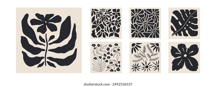 Abstract groovy floral square posters. Modern trendy Matisse minimal style. Hand drawn retro design for wallpaper, wall decor, print, postcards, covers, templates, banners. Black and beige colors