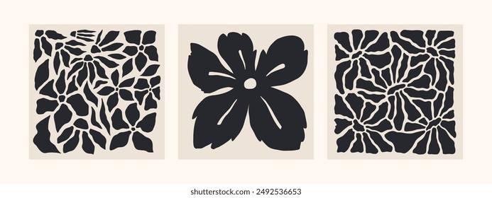 Abstractas afiches cuadrados florales. Moderno estilo minimalista Matisse de moda. Diseño retro dibujado a mano para el Fondo de pantalla, decoración de la pared, impresión, postales, cubiertas, Plantillas, Anuncios. Colores negro y beige