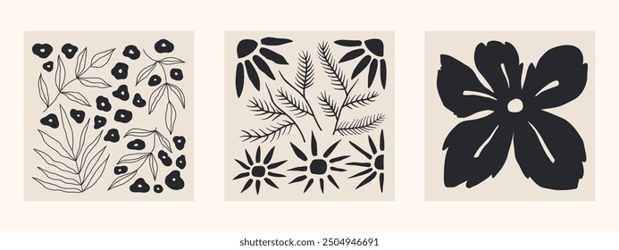 Abstractas carteles cuadrados florales. Moderno estilo minimalista Matisse de moda. Diseño retro dibujado a mano para Fondo de pantalla, decoración de la pared, impresión, postales, cubiertas, Plantillas, Anuncios. Colores negro y beige