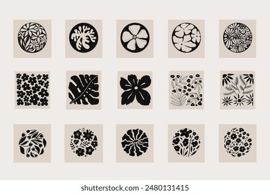 Abstract groovy floral square and round posters. Modern trendy Matisse minimal style. Hand drawn retro design for wallpaper, wall decor, print, postcards, covers, and banners. Black and beige colors