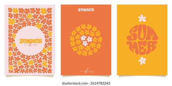 Abstract groovy flower posters set. Trendy botanical wall arts with floral design in summer vintage pastel colors. Naive floral paintings. Decorative botanical elements. Vector naive art