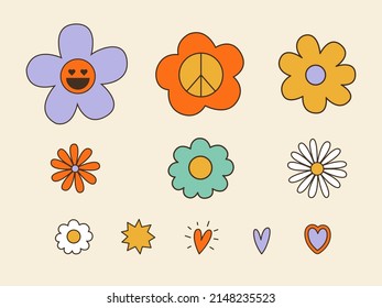 Abstract groovy flowers collection. 70s, 80s, 90s vibes funky floral stickers. Retro nature elements vector illustrations. Vintage nostalgia clipart for card, poster design and print