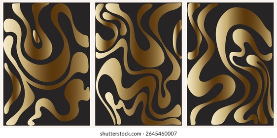 Abstract groovy gold posters flowers in beige tones. Modern trendy Minimal style. Hand drawn design for wallpaper, wall decor, print, postcard, cover, template, banner.