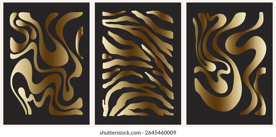 Abstract groovy gold posters flowers in beige tones. Modern trendy Minimal style. Hand drawn design for wallpaper, wall decor, print, postcard, cover, template, banner.
