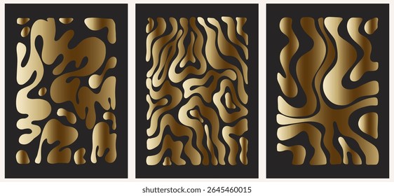 Abstract groovy gold posters flowers in beige tones. Modern trendy Minimal style. Hand drawn design for wallpaper, wall decor, print, postcard, cover, template, banner.
