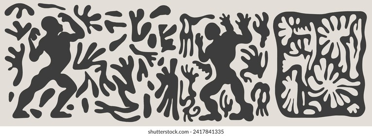 Abstract groovy hand drawn elements with silhouettes of people and floral motifs in a modern trendy minimalist style. 