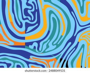 Abstract groovy hippie 70s background. Waves colorful vintage  swirl, twirl ,psychedelic, striped pattern illustration design for wallpaper, web, banner and print.