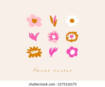 Abstract groovy and hippie flower signs. Set of Different colored Vector illustartions