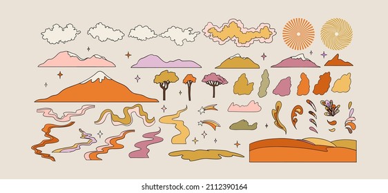 Abstract groovy and hippie landscape sign. Set of Different colored Vector illustartions	

