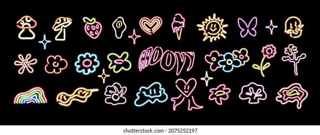 Abstract groovy and hippie neon sign. Set of Different colored Vector illustartions