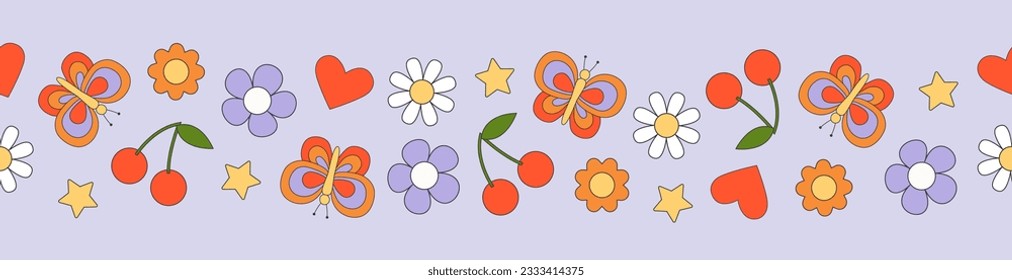 Abstract groovy hippie seamless border. Colorful outline elements on blue background in trendy retro style. Vector illustration