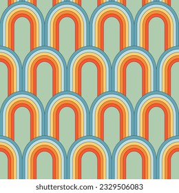 Abstract groovy hippie seamless pattern with rainbows. Colorful elements on blue background in trendy retro style. Vector illustration