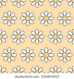 Resumen groovy patrones hippie sin costuras. Flores de contorno sobre fondo amarillo en un estilo retro a la moda. Ilustración del vector