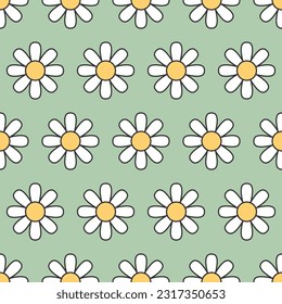 Abstract groovy hippie seamless patterns. Outline flowers on blue background in trendy retro style. . Vector illustration