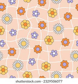 Abstract groovy hippie seamless patterns. Colorful outline flowers on distorted mesh background in trendy retro style. Vector illustration