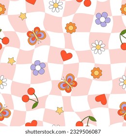 Abstract groovy hippie seamless patterns. Colorful outline elements on distorted checkerboard in trendy retro style. Vector illustration