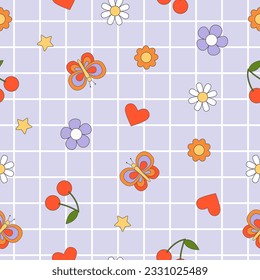 Abstract groovy hippie seamless patterns. Colorful outline elements on mesh background in trendy retro style. Vector illustration