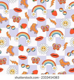 Abstract groovy hippie seamless patterns. Colorful outline elements on chessboard background in trendy retro style. Vector illustration