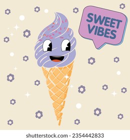 Abstract groovy ice cream cone with face. 70s, 80s, 90s vibes funky food sticker. Retro dessert vector illustration. Vintage nostalgia element for card, poster design and print