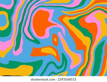 Abstract groovy liquid rainbow background. Cool 80s style colorful vector design. Trendy aesthetic backdrop with fluid organic shapes. Funky texture in retro 70s style. Vivid colors, simple form