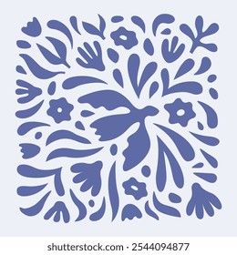 Abstract groovy minimalistic poster with dove of peace, organic plants, flower. Aesthetic hippie design for wallpaper, wall art decor, print, postcard, cover, banner template.