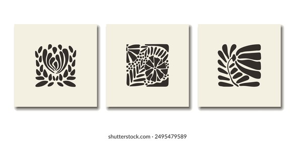 Abstract groovy monochrome floral posters. Modern trendy Matisse minimal style. Hand drawn design for wallpaper, wall decor, print, postcard, cover, template, banner