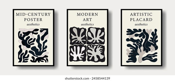 Abstract groovy monochrome posters with modern trendy minimal hand drawn floral composition. Design template for wallpaper, wall decor, print, postcard, cover.